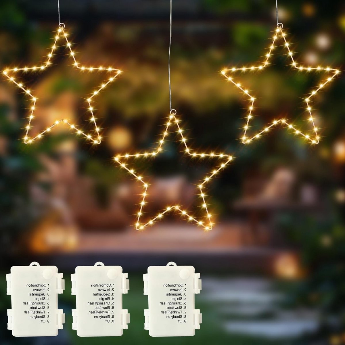 Set van 3 LED Sterraamdecoraties met 45 Warm Witte Kerstverlichting - Batterij Aangedreven, 8 Verlichtingsmodi, IP44 Waterdicht voor Raamdecoratie en Feestelijke Versiering