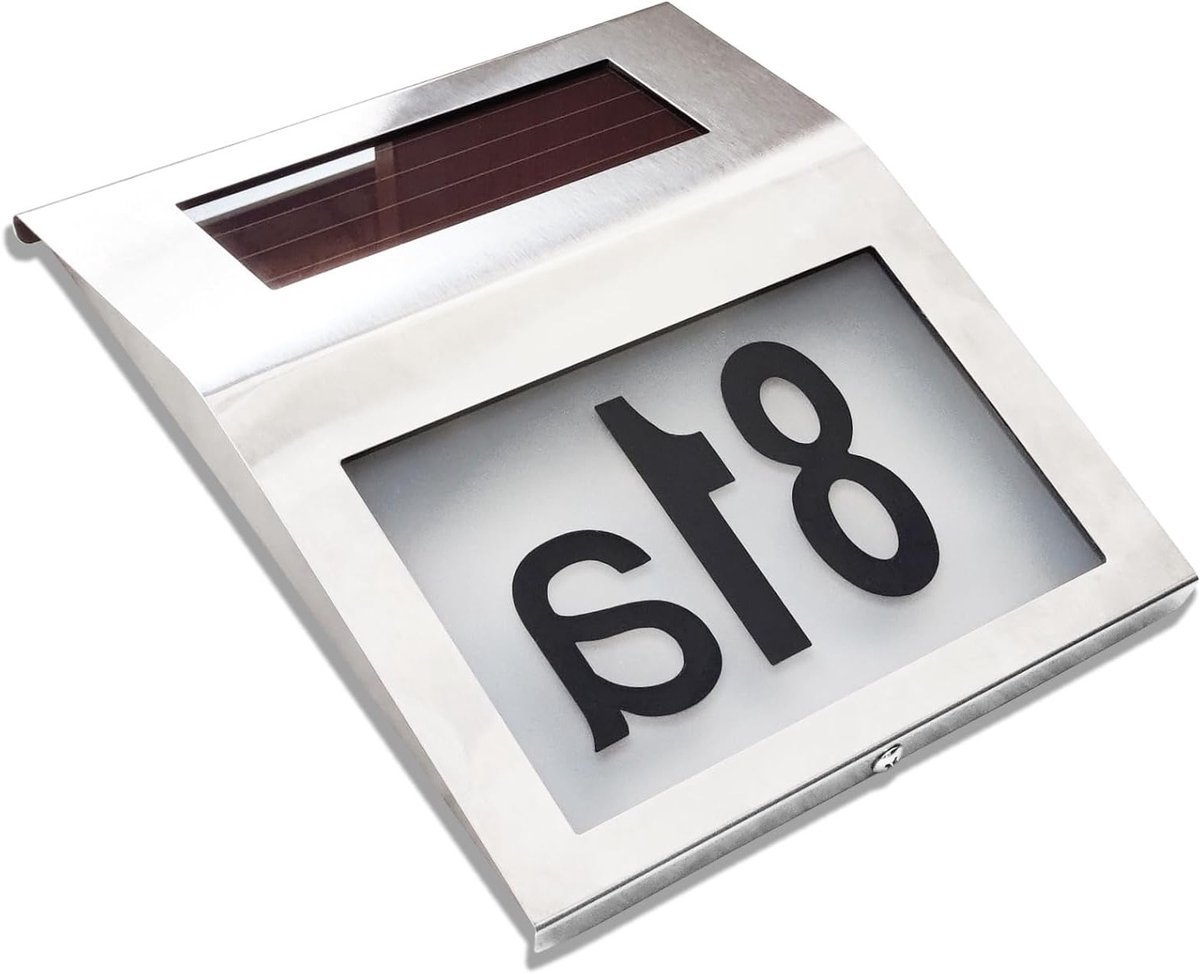 Verlichte Solar Huisnummerbord met RVS, IP65 Waterdicht, Twilight Schakelaar, Cijfers 0-9 en Letters A-H, Perfect voor Buitengebruik