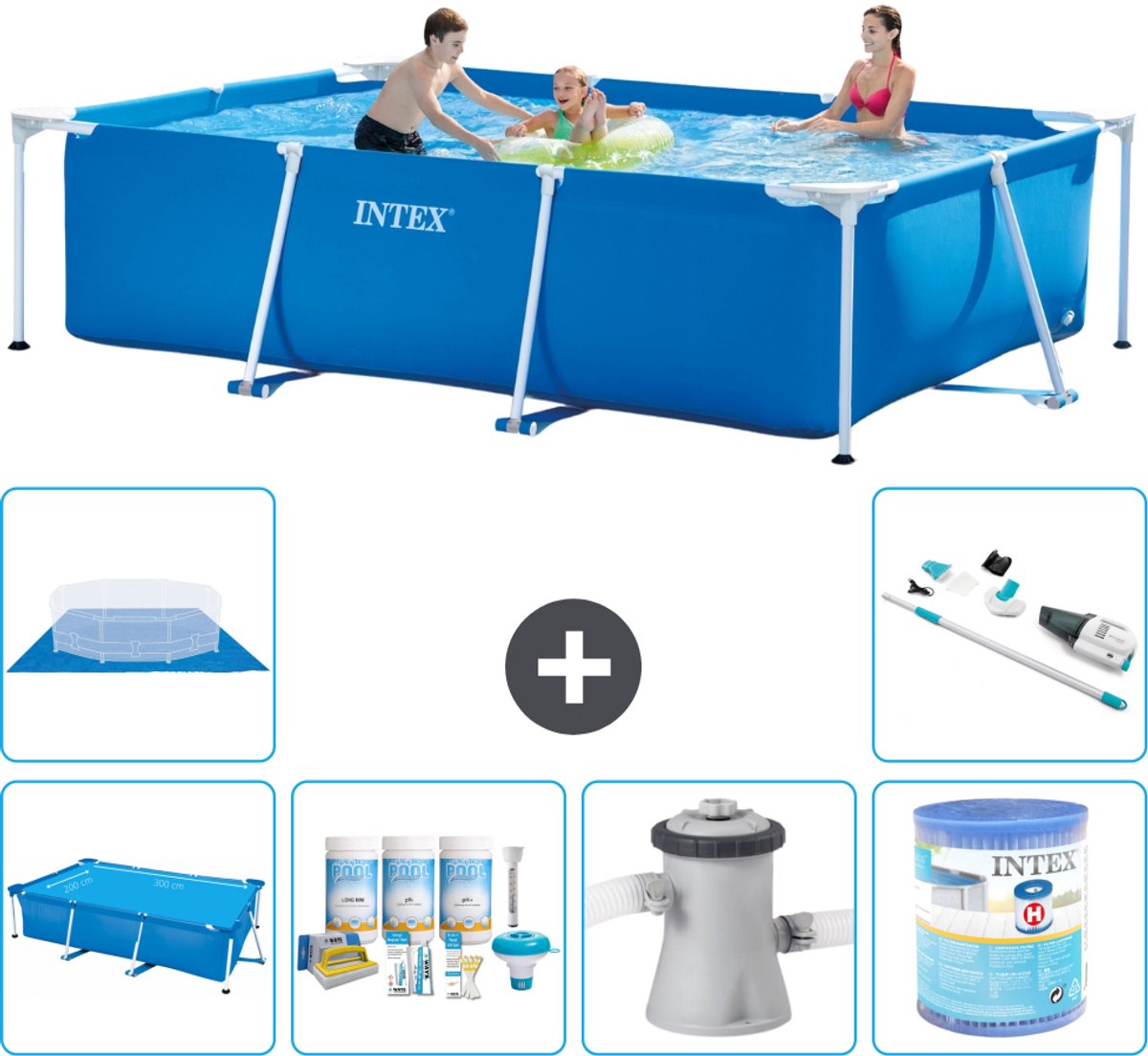 Intex Rechthoekig Frame Zwembad - 300 x 200 x 75 cm - Blauw - Inclusief Solarzeil - Onderhoudspakket - Zwembadfilterpomp - Filter - Grondzeil - Stofzuiger - 7-delig