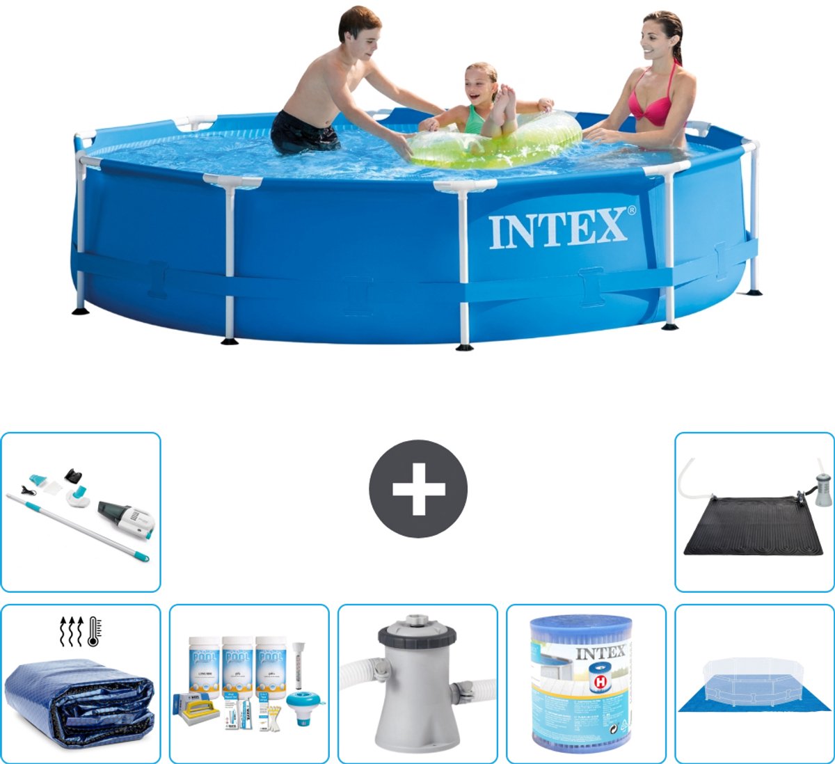 Intex Rond Frame Zwembad - 305 x 76 cm - Blauw - Inclusief Solarzeil - Onderhoudspakket - Zwembadfilterpomp - Filter - Grondzeil - Stofzuiger - Solar Mat - 8-delig