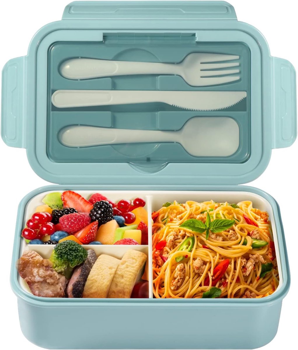 SnelShoppen - Lunch Box met Bestek voor Volwassenen en Kinderen, 1400 ml, Bento Box met Compartimenten, Magnetronbestendig, Blauw, Ideaal voor Werk en