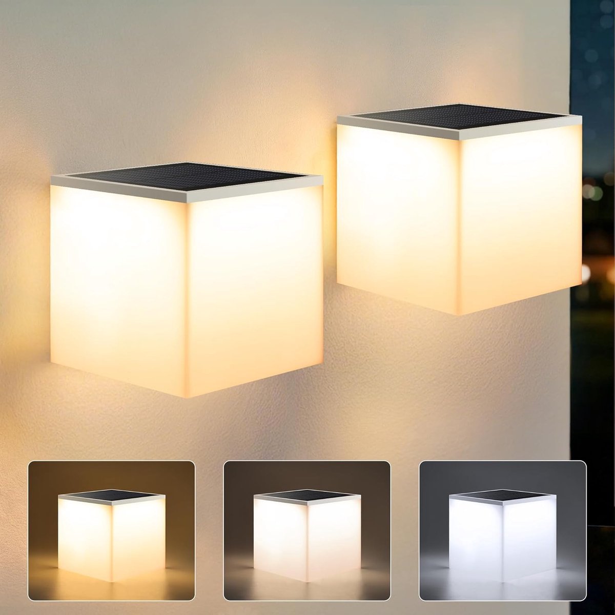 SnelShoppen - Flacchi Solarlampen kubus voor buiten, wandvierkant, warm wit + koud wit, 2 stuks - waterdichte solarlampen voor tuin, muur, draadloos,