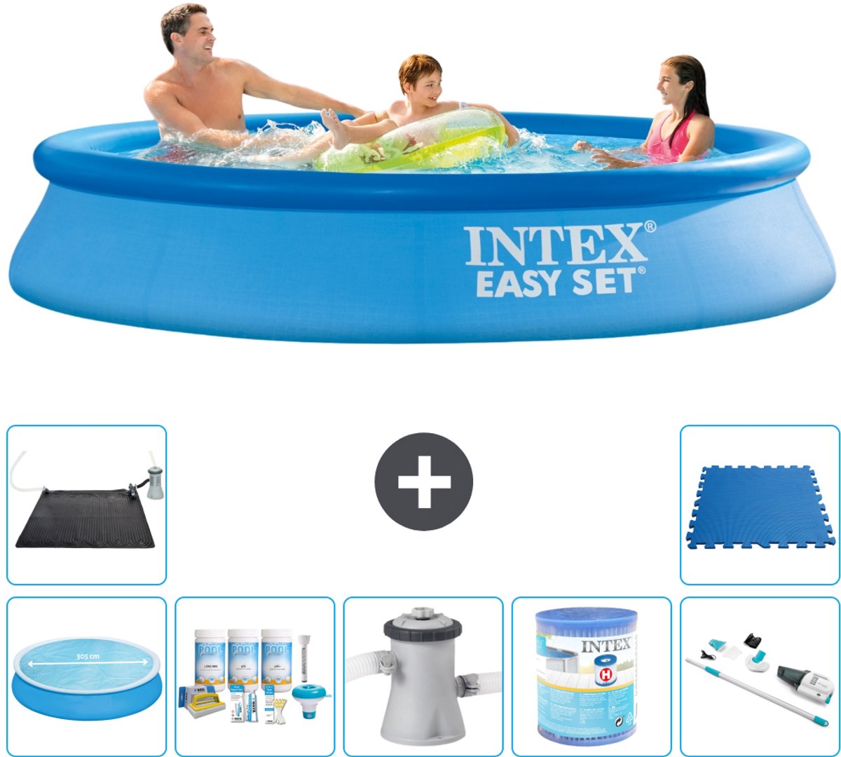 Intex Rond Opblaasbaar Easy Set Zwembad - 305 x 61 cm - Blauw - Inclusief Solarzeil - Onderhoudspakket - Zwembadfilterpomp - Filter - Stofzuiger - Solar Mat - Vloertegels - 8-delig