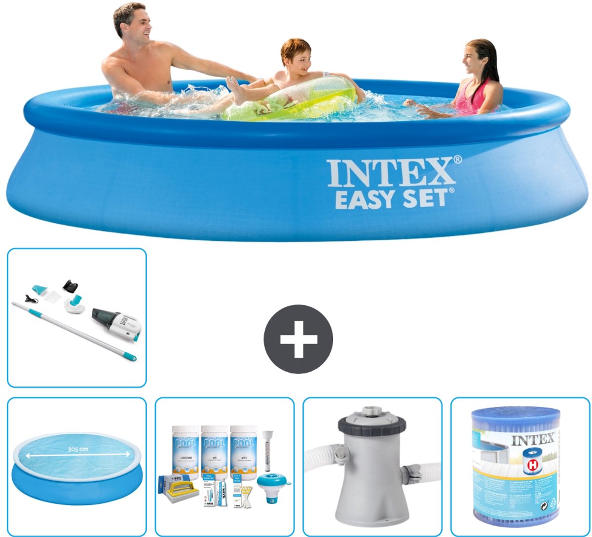 Intex Rond Opblaasbaar Easy Set Zwembad - 305 x 61 cm - Blauw - Inclusief Solarzeil - Onderhoudspakket - Zwembadfilterpomp - Filter - Stofzuiger - 6-delig