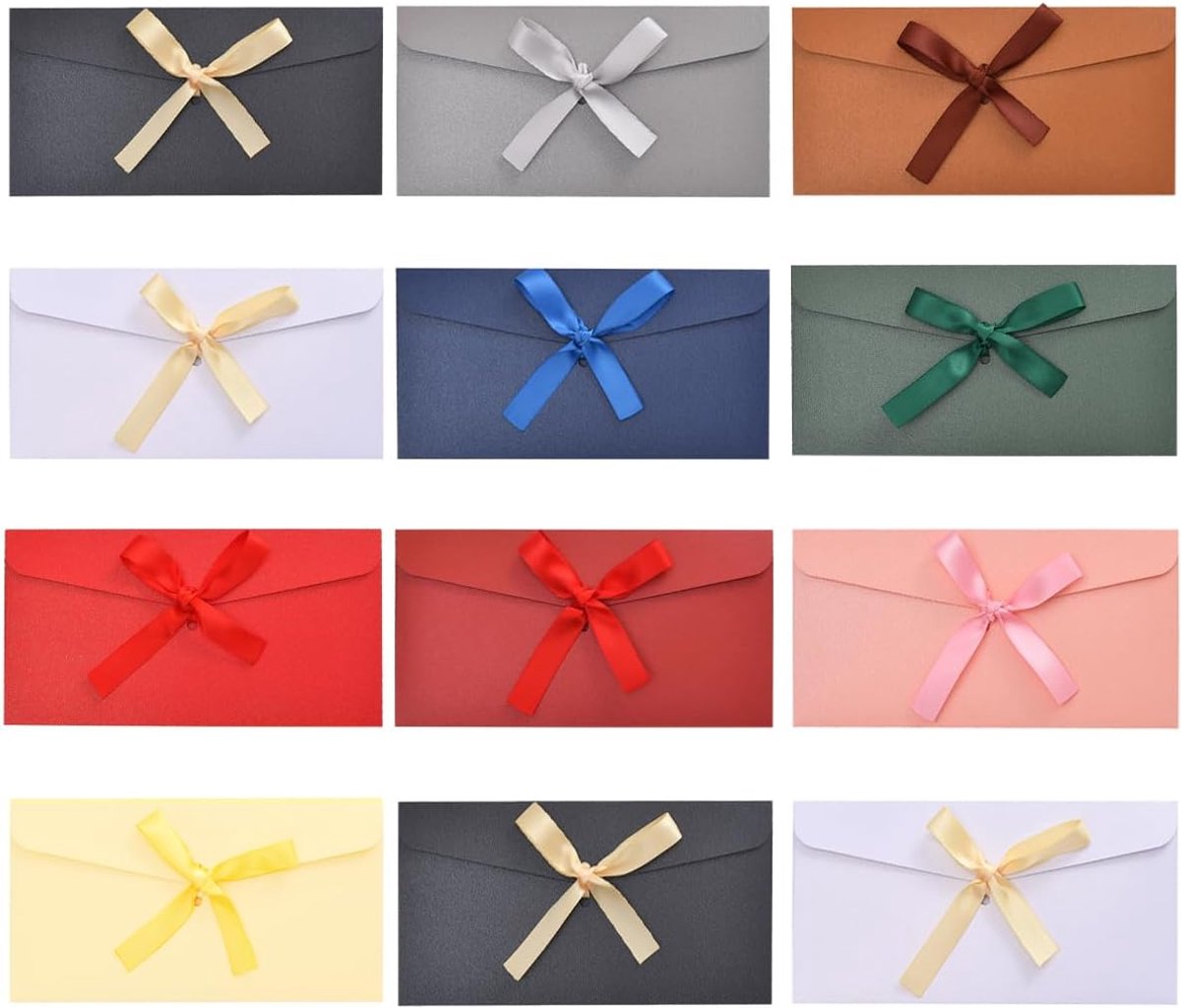 SnelShoppen - 12 Kleurrijke Enveloppen met Strik - Kraftpapier, 22x10cm - Perfect voor Uitnodigingen, Verjaardagskaarten, Postcards - Hoogwaardige Pea