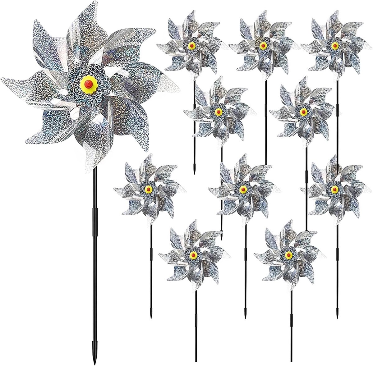 SnelShoppen - Pack van 10 Windmolens voor Vogels, Tuin Decoratie, Balkon, Vogelafschrikker, Reflecterende Windwielen, Duurzaam PVC, Tuin, Orchard, Yar