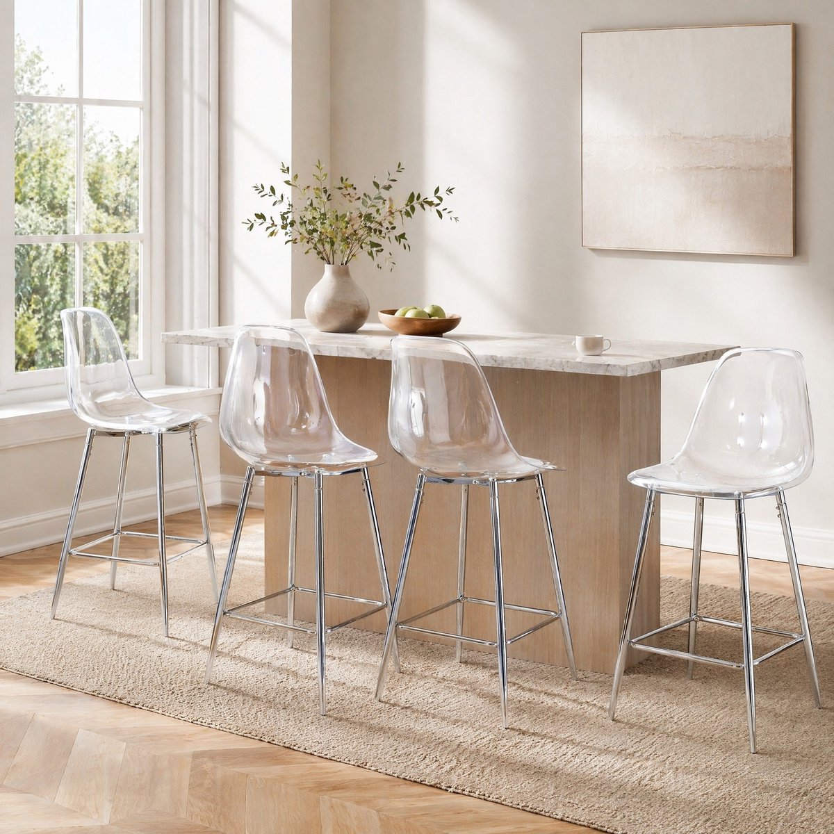 MODENUIT Barkruk 51 x 45 x 102 cm - Set Van 4 Met Rugleuning - Voor Keuken, Bar, Eetkamer - Kunststof Zilver