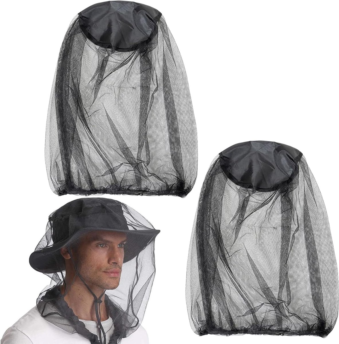 SnelShoppen - Muggennet voor Hoofd en Hals, Fijnmazig Insectennet voor Gezicht en Hals, Zwart, Ideaal voor Vissen, Wandelen, Kamperen, 2 Stuks