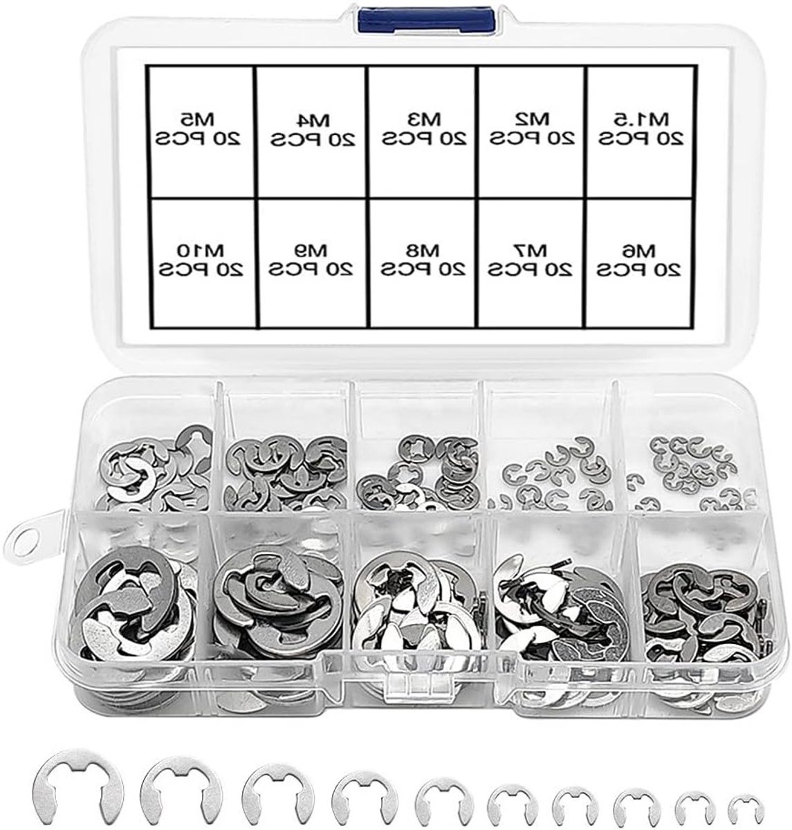 200 Stuks RVS E-Clip Set, Lock Spring Ring en Retaining Ring Kit met 10 Maten en Plastic Box voor Bevestiging en Montage
