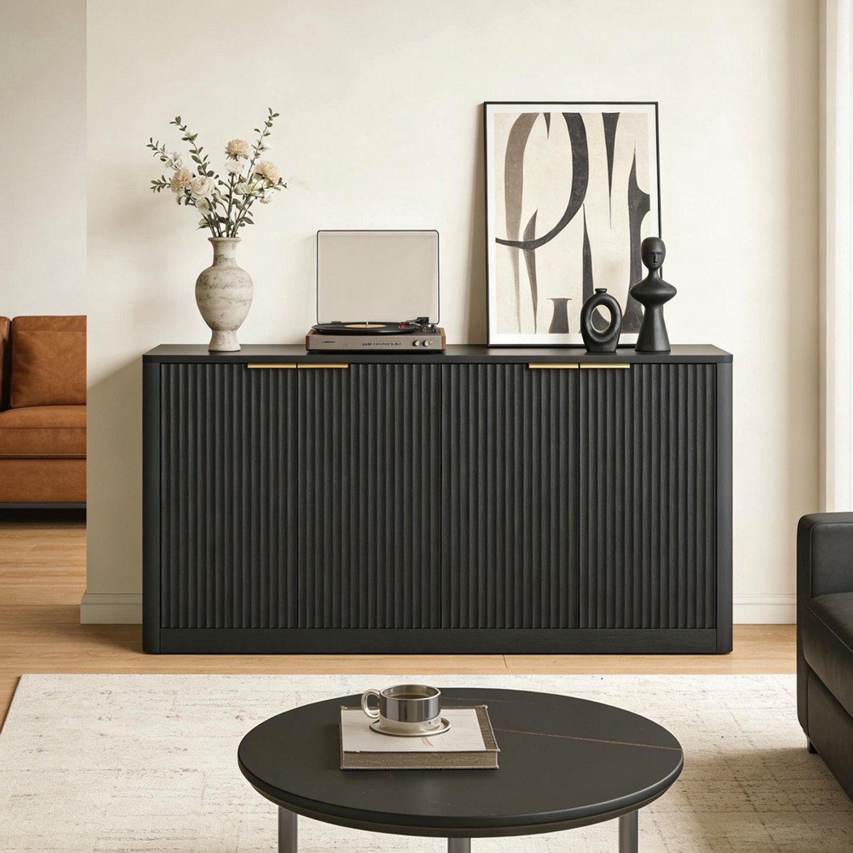Pugsdrly 150 cm modern dressoir met golvend ontwerp, opbergkast met gebogen contouren, kast met 4 deuren en opbergfunctie, geschikt voor keuken/slaapkamer/woonkamer, zwart, 150 × 40 × 70,5 cm