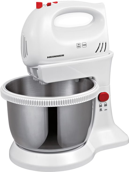 Heinner Mixer met Mengkom - Elektrische Handmixer met Standaard - 300 W - Mengkom van 3,4 L - 5 Snelheden en Turbofunctie - 2 Gardes en 2 Deeghaken - Afneembare Mixer - Wit van Heinner — afbeelding 3