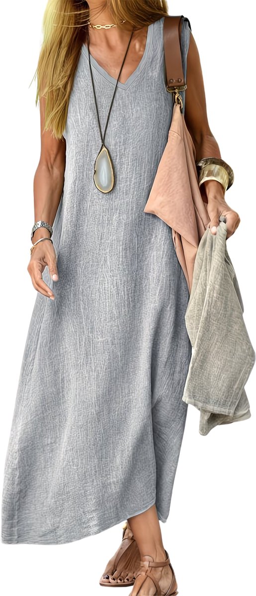 Currero Linnen Jurk Dames Blouse Zomer Shirt Jurkjes Voor Dames Ibiza Jurken Lichtgrijs