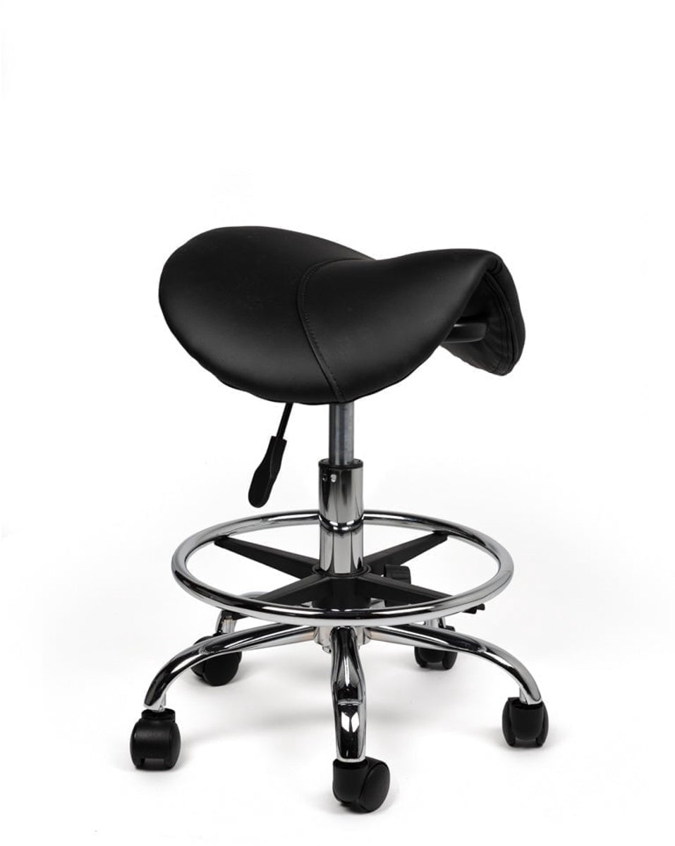 Zadelkruk Zwart – Ergonomische Zadelstoel met Wielen – Verstelbare Werkkruk voor Salon, Kappers & Thuisgebruik - Zithoogte 40-56cm - met Voetsteun