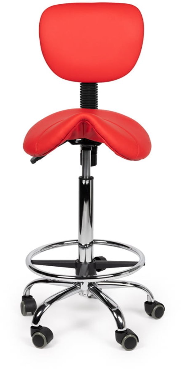 Ergonomische Zadelkruk Rood met Rugleuning – Verstelbare Zadelstoel met Wielen – Comfortabele Werkkruk voor Salon, Kappers & Thuis - Zithoogte 70-84cm - met Voetsteun