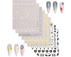 SnelShoppen - 9 Bladen Gouden Zilveren Zwarte Nagel Stickers, 3D Zelfklevende Hart Ster Engelen Vleugels Maan Nagel Stickers, Glitter Nagel Kunst Deco