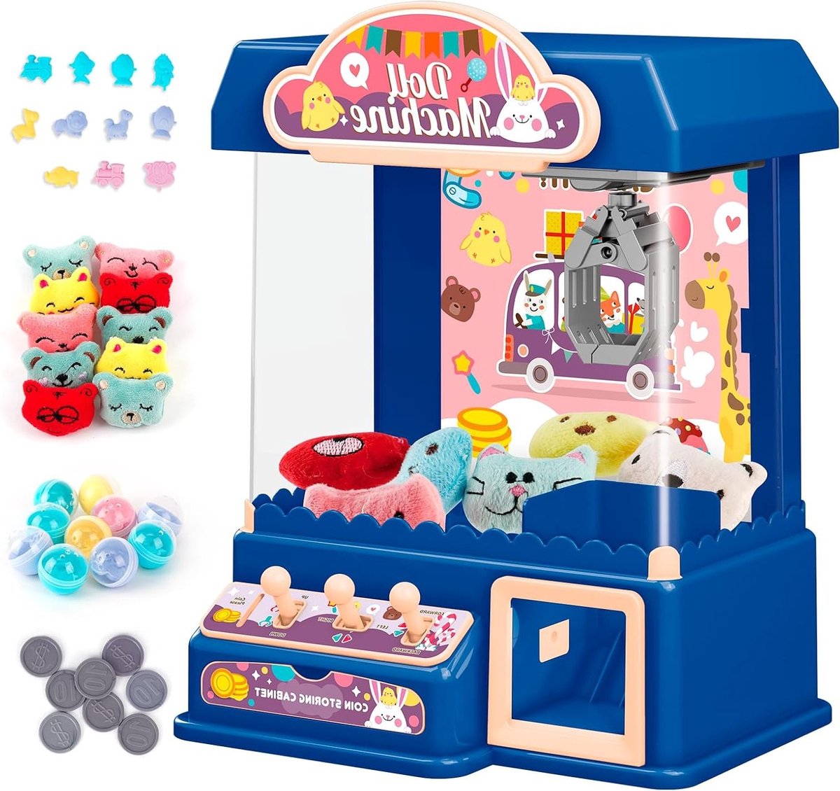 Interactieve Mini Claw Machine met 10 Poppen, 10 Ballen, 20 Speelmunten en Lichten en Geluid voor Kinderen