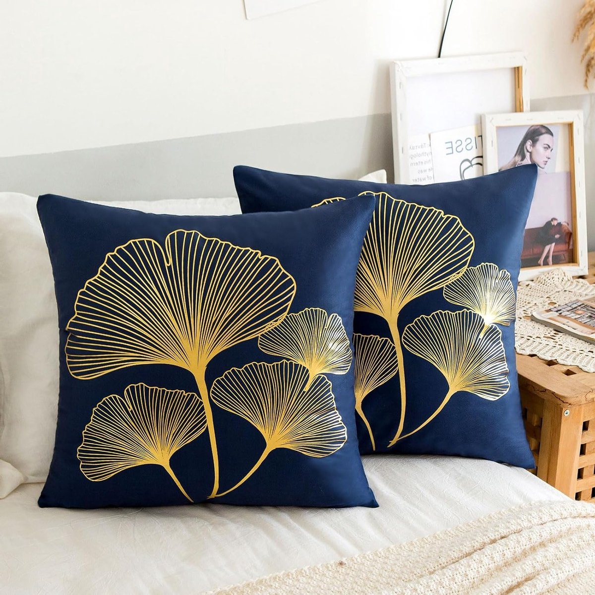 Set van 2 Velours Kussenslopen 40 x 40 cm met Gouden Ginkgo Biloba Bladeren voor Woondecoratie en Sofa
