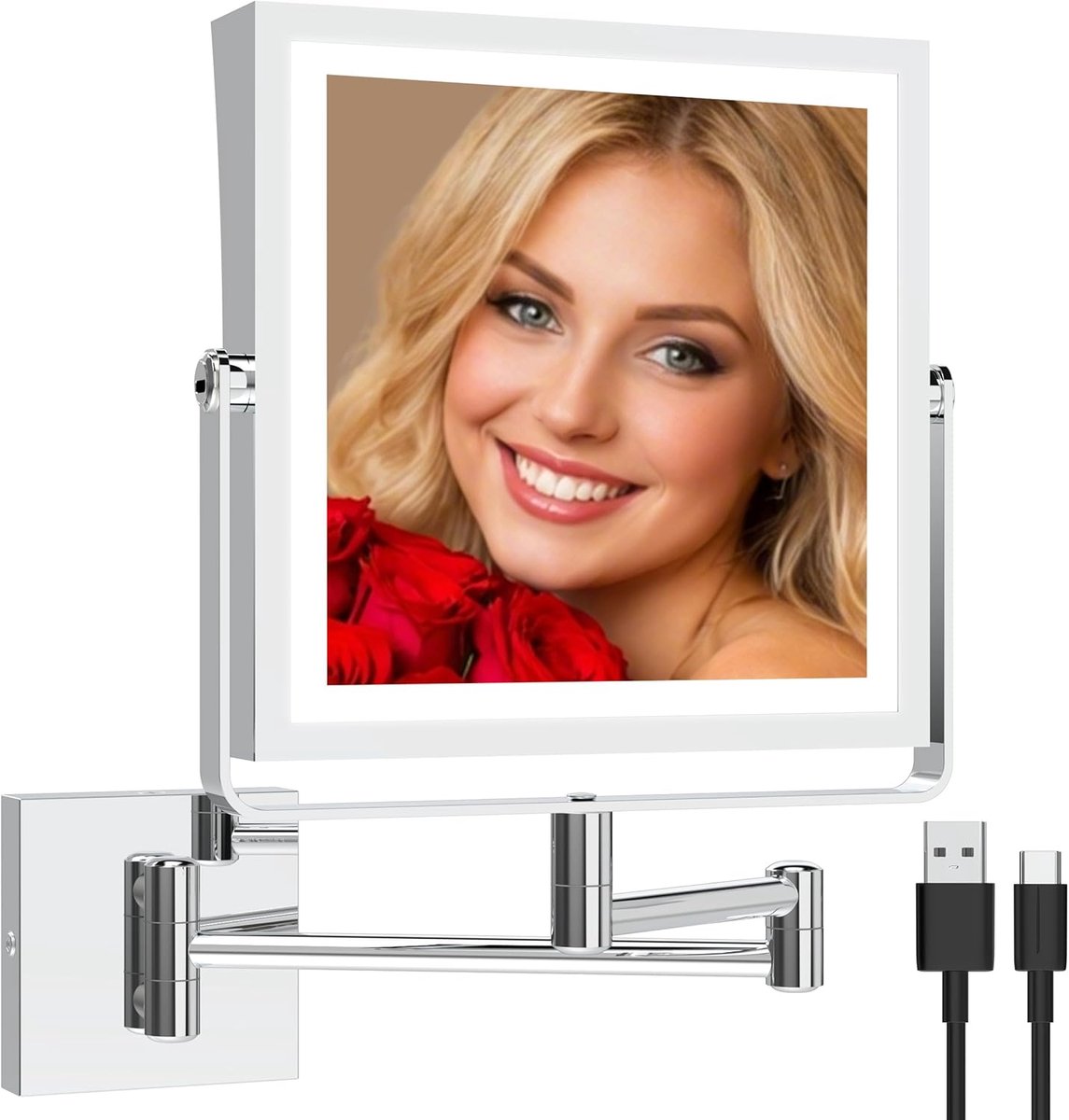 SnelShoppen - Oplaadbare Wandmake-up Spiegel met Verlichting, Dubbelzijdige 1X/10X Vergroting, 3 Kleuren Licht, Dimbare Touchscreen, 360° Rotatie, Vou