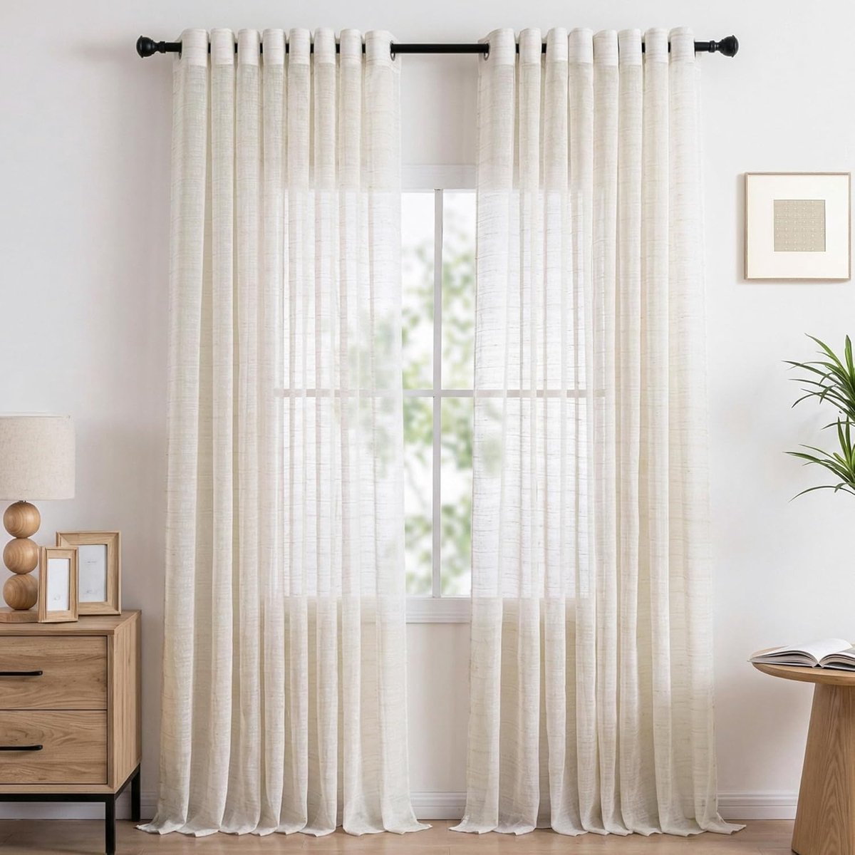 SnelShoppen - Transparante Gordijnen Ooglet Gordijnen Beige Voile Linnen 240 x 140 cm (H x B) Semi-Transparante Gordijnen voor Woonkamer Slaapkamer Ki