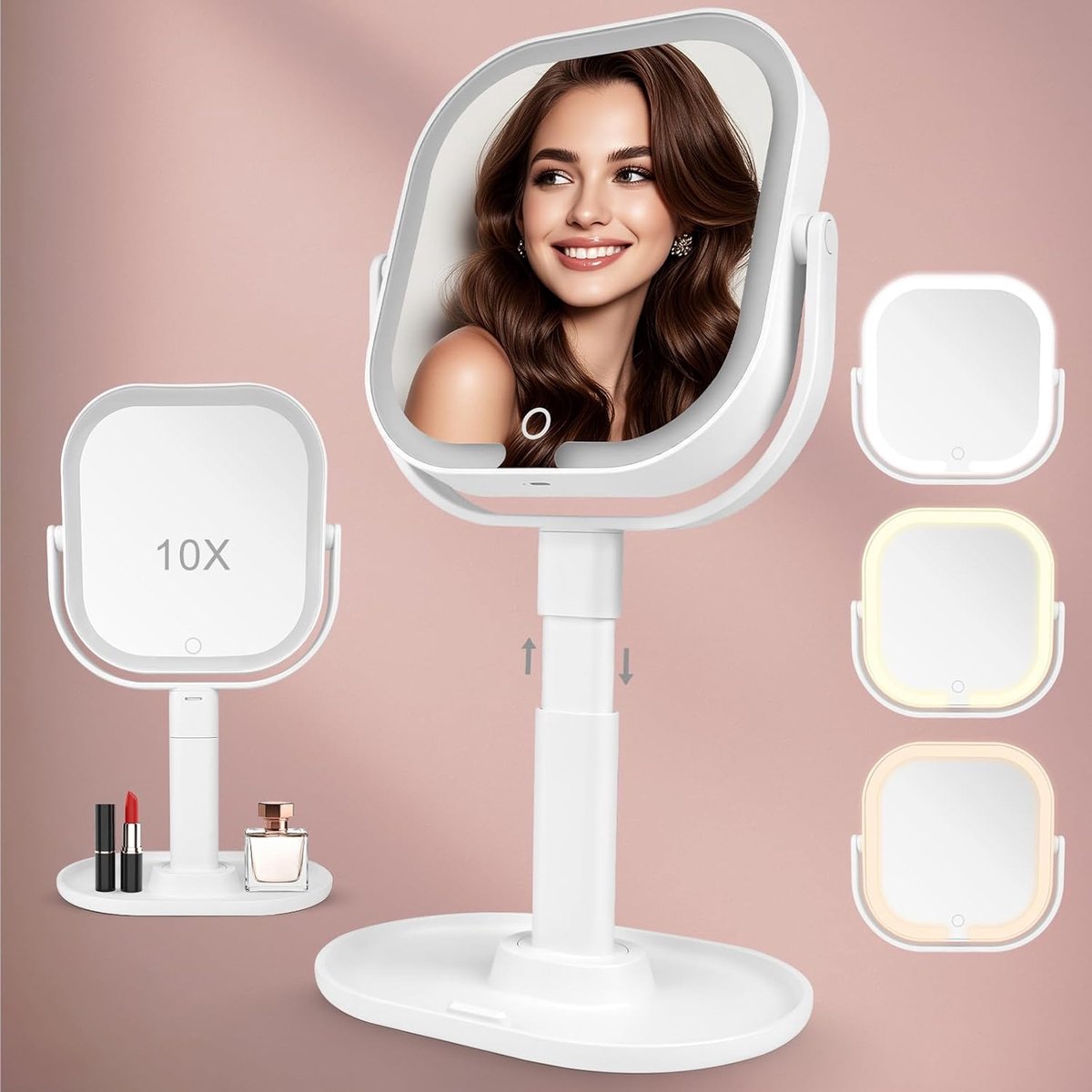 SnelShoppen - Makeup Spiegel met Verlichting, Dubbelzijdig, 1X/10X Vergrotende Spiegel, LED Make-up Spiegel met Dimbare Helderheid, 3 Lichtkleuren, 36