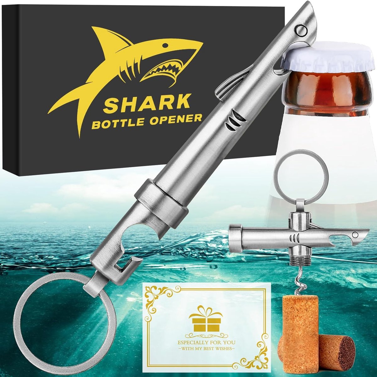 Thijox - 2-in-1 Haai Flessenopener Sleutelhanger, Kurkentrekker en Bierflesopener, Donker Zilver, Perfect als Cadeau voor Mannen, Vaderdag en Kerst, U