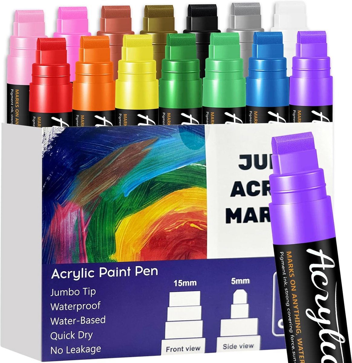 SnelShoppen - 14 Kleuren Jumbo Acrylstiften, 15 mm Brede Graffiti Markers, 3-in-1 Waterdichte Acryl Pennen voor Steen, Hout en Canvas, Permanente Stif