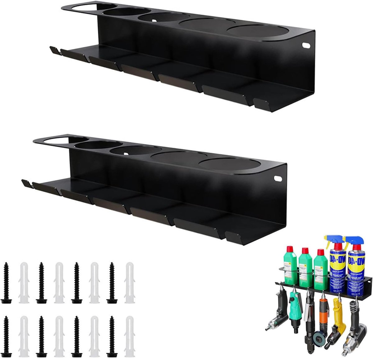 SnelShoppen - 2 Stuks Spuitflessenrek met 5 Gaten en 6 Sleuven, Werkplaatshouder voor Spuitbussen, Ideaal voor Garage, Caravan, Gereedschapsruimte, Mu