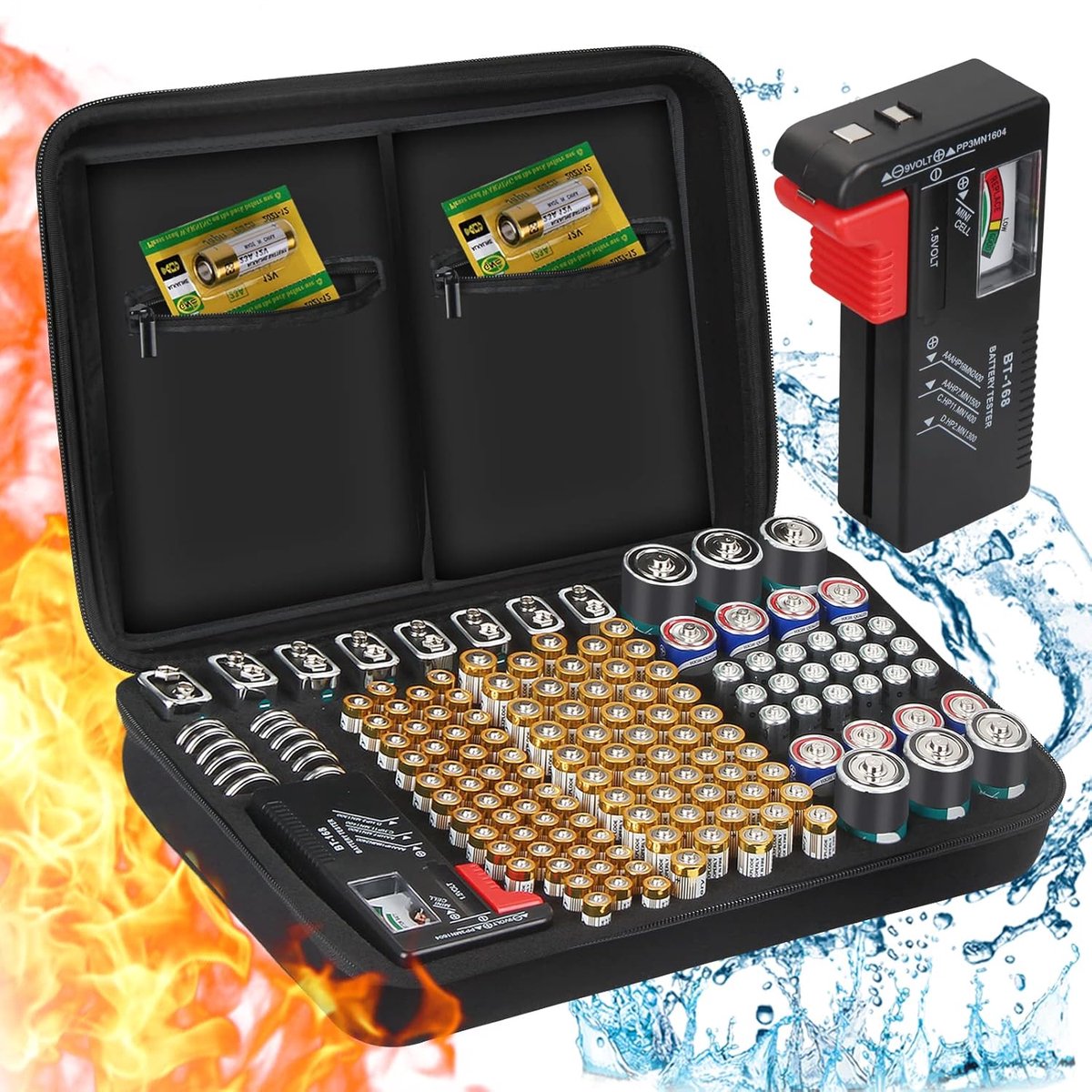Thijox - Batterij Storage Organizer - Waterdichte Brandwerende Hard Case voor 148 Batterijen (AA AAA C D 9V) met Tester - Perfect voor Thuis, Camping