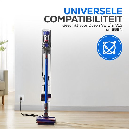 Draadloze stofzuiger op een zwarte standaard, geschikt voor Dyson V6 tot V15 en 5GEN.