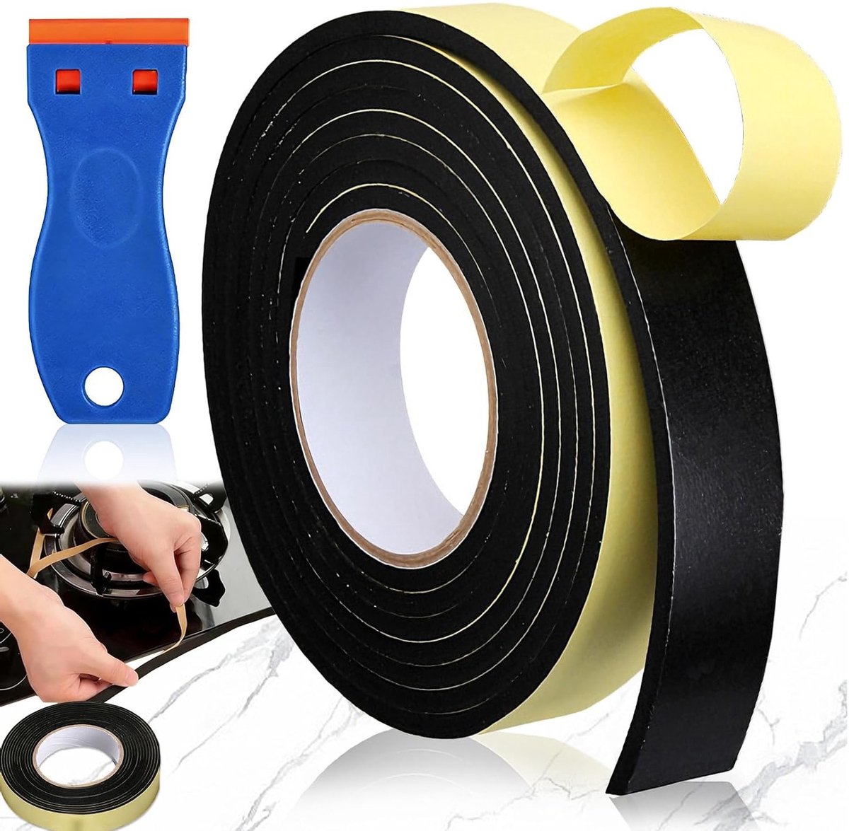 Afdichtband met kleine schraper, Ceranplaat afdichtband, zelfklevende EVA schuimband 10mm x 3mm x 5m, ideaal voor keuken en badkamer, waterdicht en eenvoudig aan te brengen