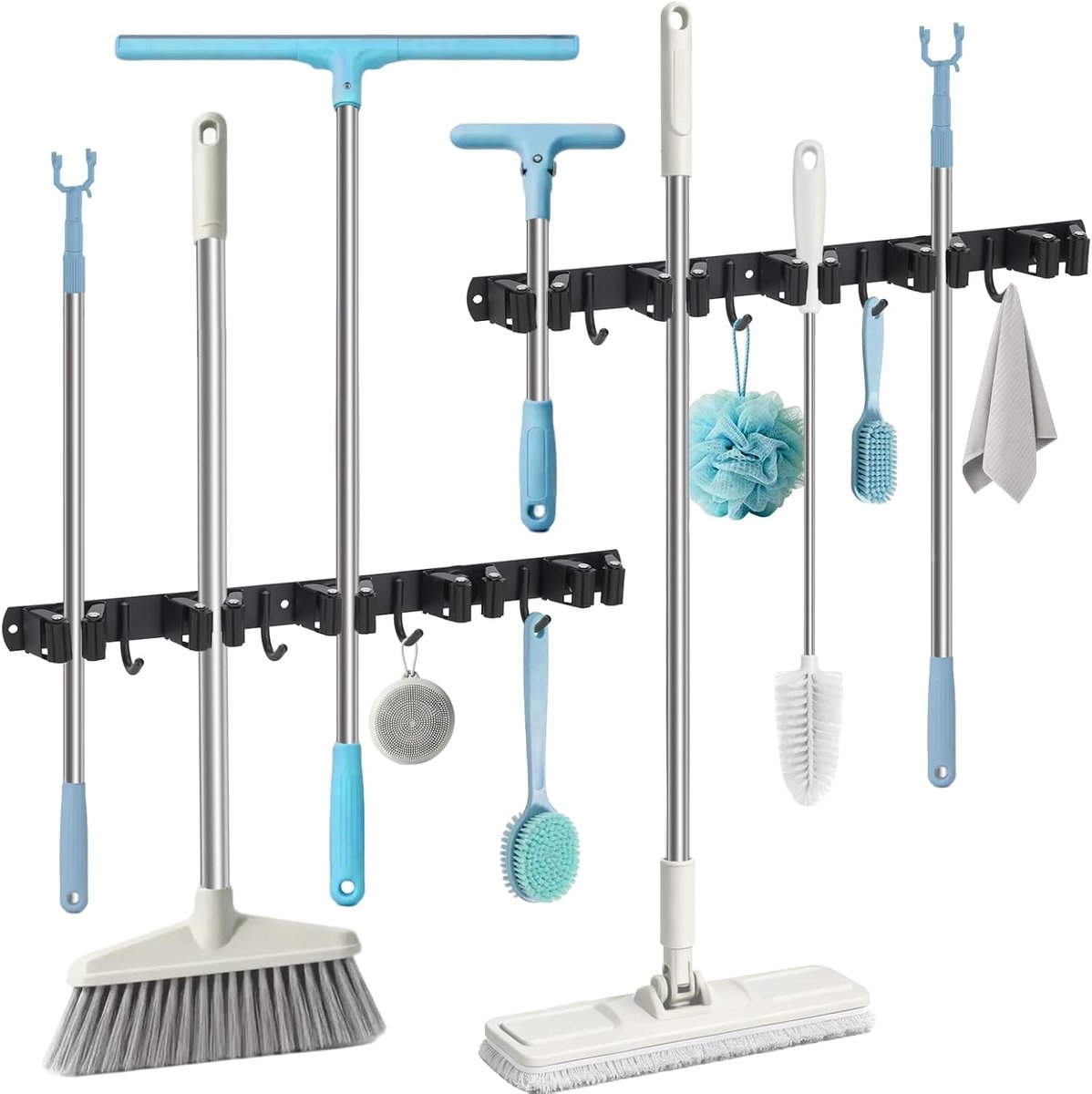 SnelShoppen - Broom Holder voor Wand, 2-Pack, 10 Houders + 8 Haken, Sterk Gereedschapshouder, RVS Tuin Gereedschap, Broomhouder, Wandmontage Garage, W
