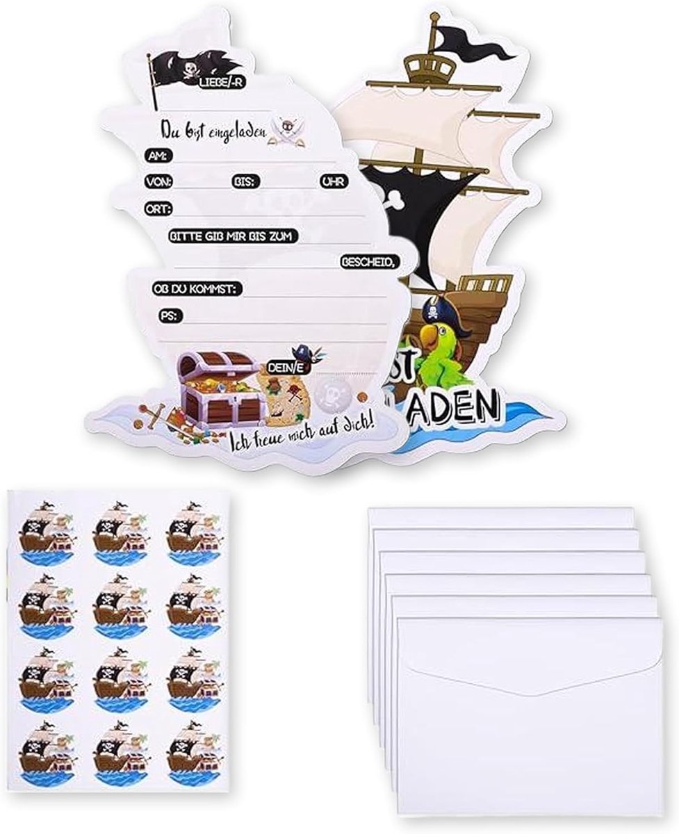 SnelShoppen - Piraten Uitnodigingskaarten Verjaardag Kinderen Set van 12 - Inclusief Enveloppen en Stickers - Piratenfeestkaarten om in te vullen voor