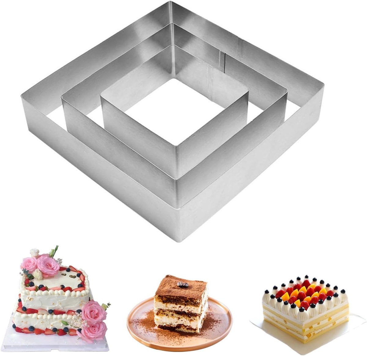 SnelShoppen - Cake Ring Set van 3 Vierkante Cutter Mallen - Roestvrijstalen Cakevormen 10cm/15cm/20cm - Perfect voor Taart, Gebak en Desserts