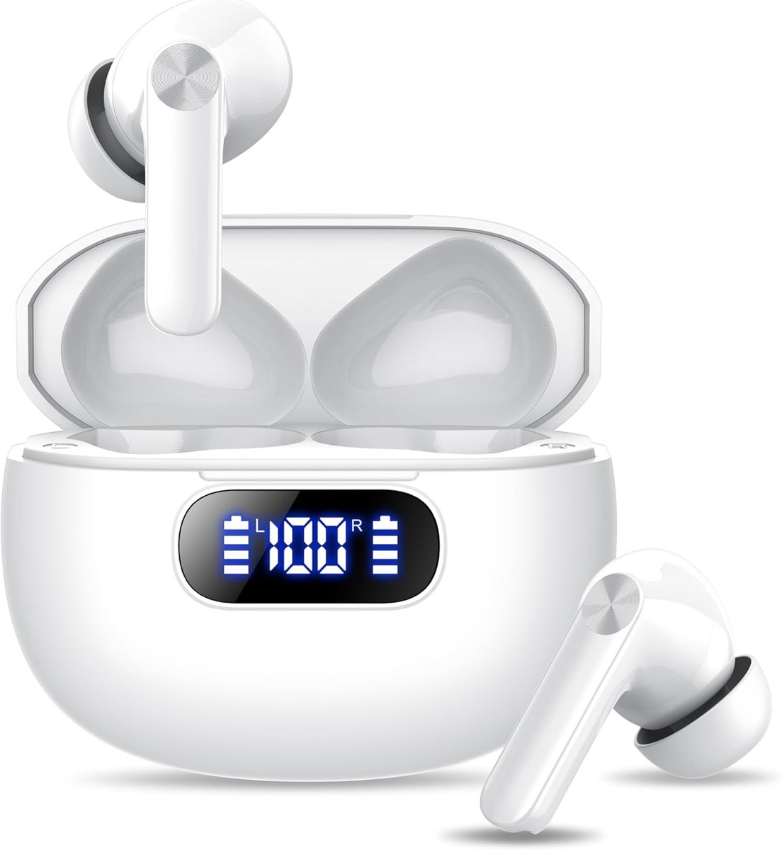 SnelShoppen - Draadloze Bluetooth Hoofdtelefoon In-Ear met 48 Uur Batterij, ENC Noise Cancelling Mic, HiFi Stereo Geluid, IP7 Waterdicht, LED Display,