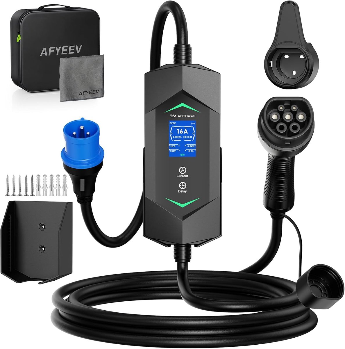 SnelShoppen - Type 2 Oplaadkabel 7 kW 5 m, 6-32 A 1-fase Mobiele Wallbox, Draagbare EV Lader, Instelbare Laadkracht, CEE Stekker, Voor PHEV & EV
