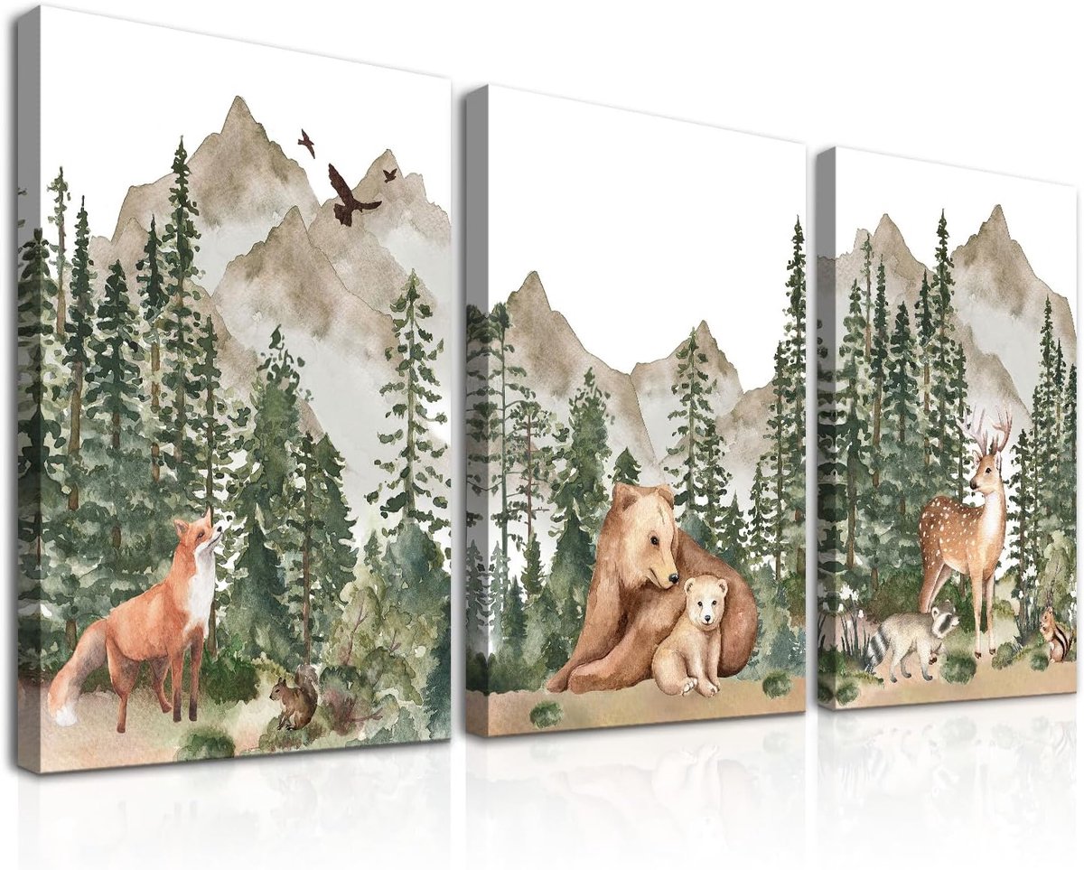 SnelShoppen - Set van 3 Framed Dieren Wanddecoratie Posters, Hert, Beer en Vos Print, Waterverf Bosdieren Poster voor Kamers, 30x40cm, Houten Lijst