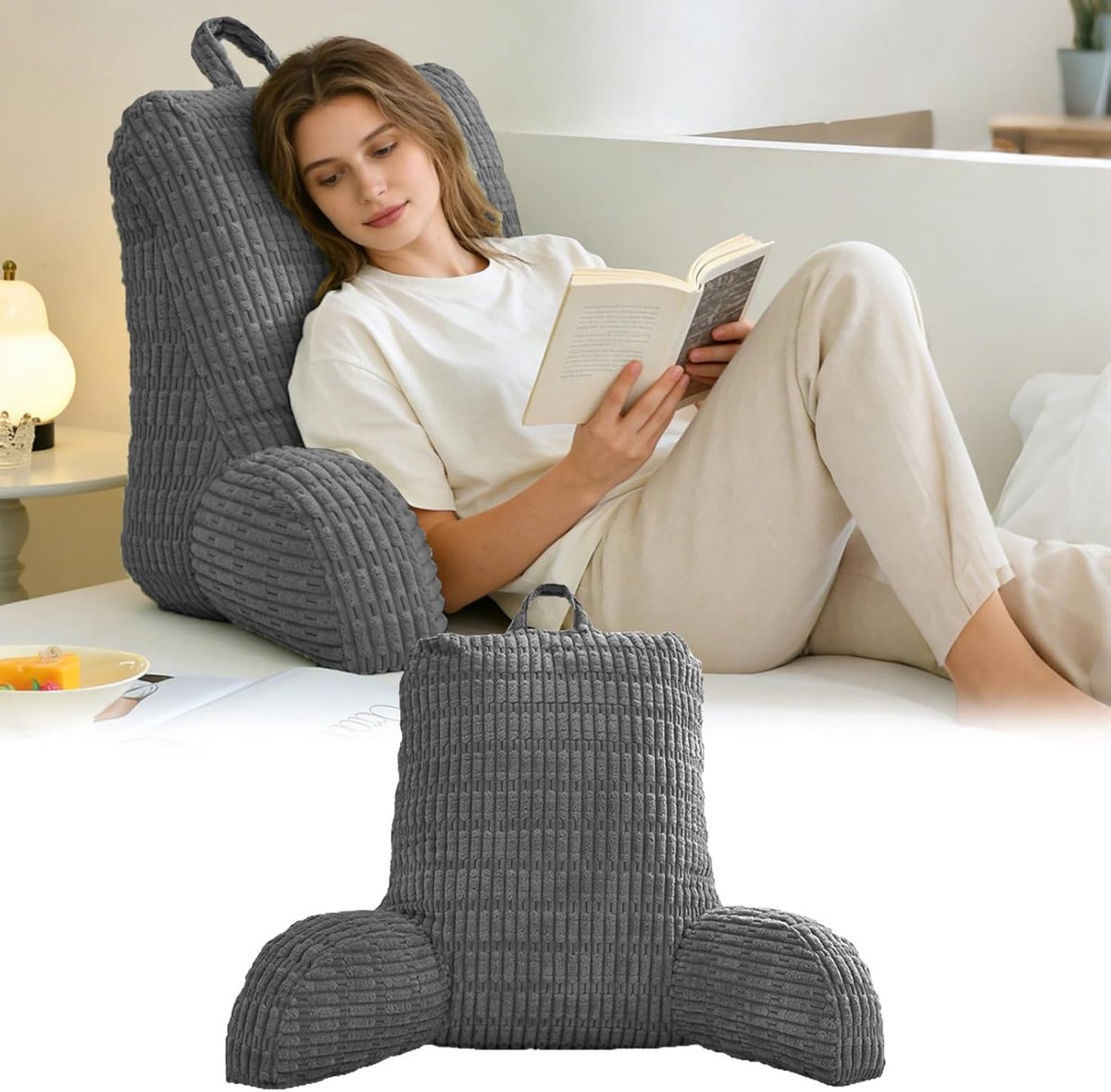 Thijox - Leeskussen voor bed en bank met rugleuning en armleuning, comfortabel zitkussen voor volwassenen, perfect voor televisie, lezen en mobiel spe