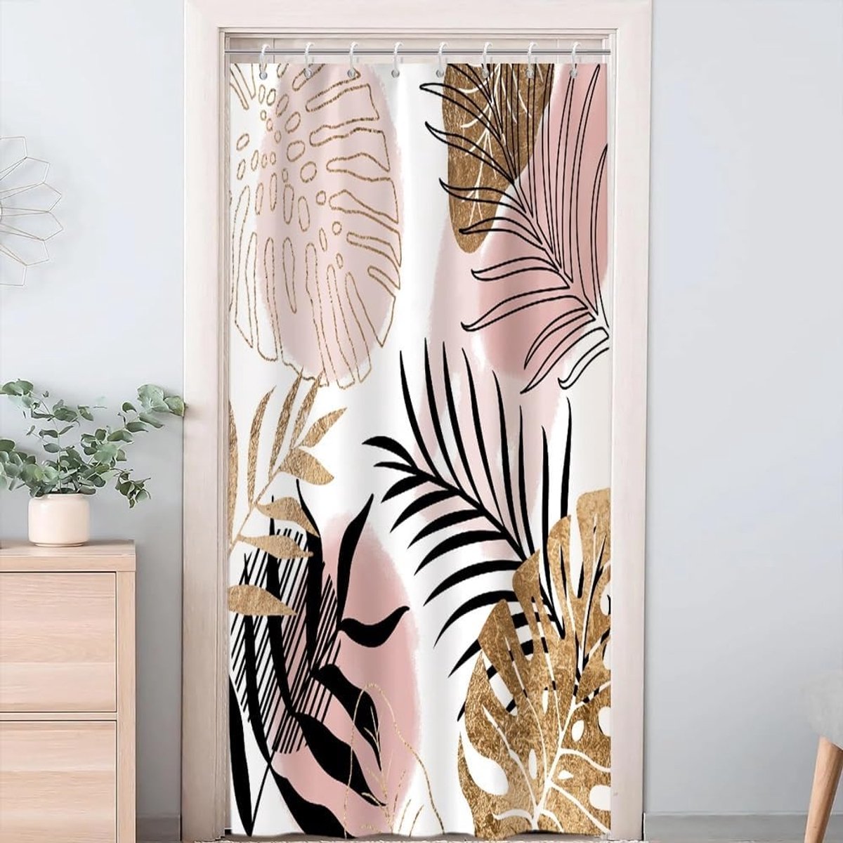 SnelShoppen - Douchegordijn Schimmelbestendig 120x200cm, Roze Geel Tropische Palmbladeren Abstract Bad Gordijn Wasbaar Waterdicht met 8 Haakjes