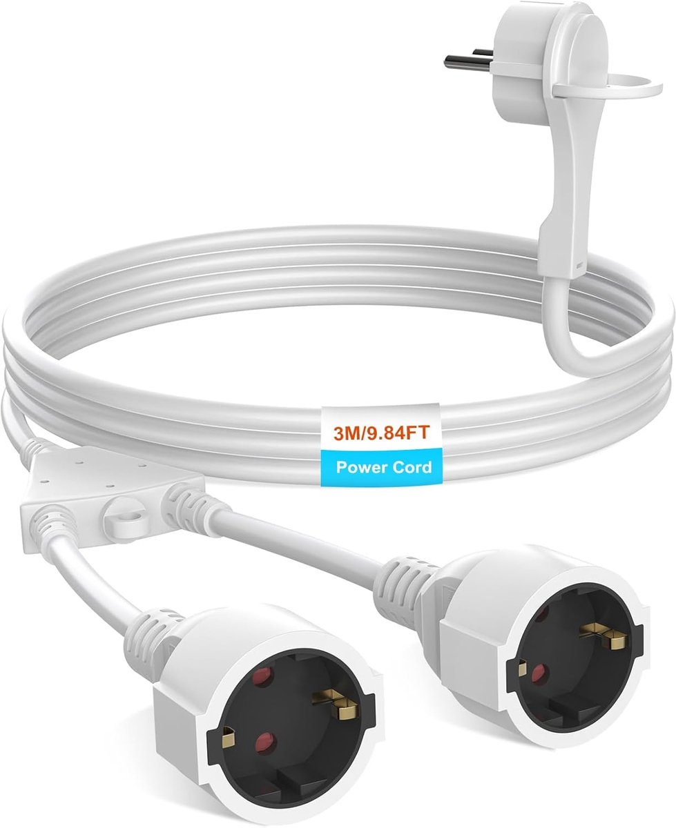 SnelShoppen - Verlengkabel met 2 Schuko Stopcontacten, Platte Stekker 3 m, Aanraakbescherming, Binnengebruik, IP20, 250 V, 16 A, 3680 W - Wit