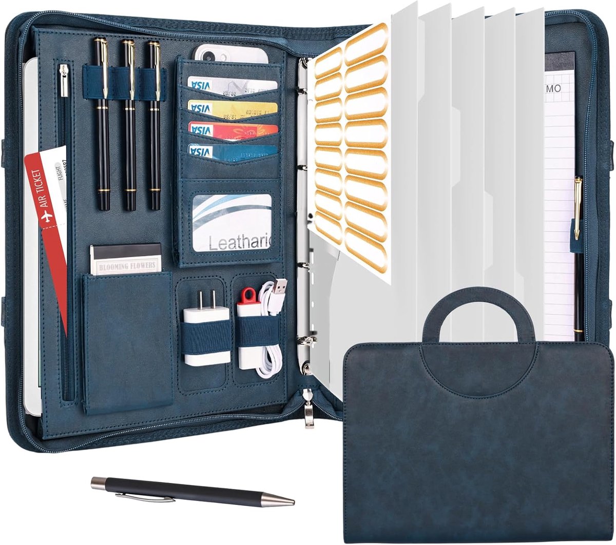 SnelShoppen - Vegan Leren A4 Document Folder met Handvat, Notitieboek, Clipboard, Ringband, Kleurige Beschermers voor Documenten, Vergaderingen, Reize