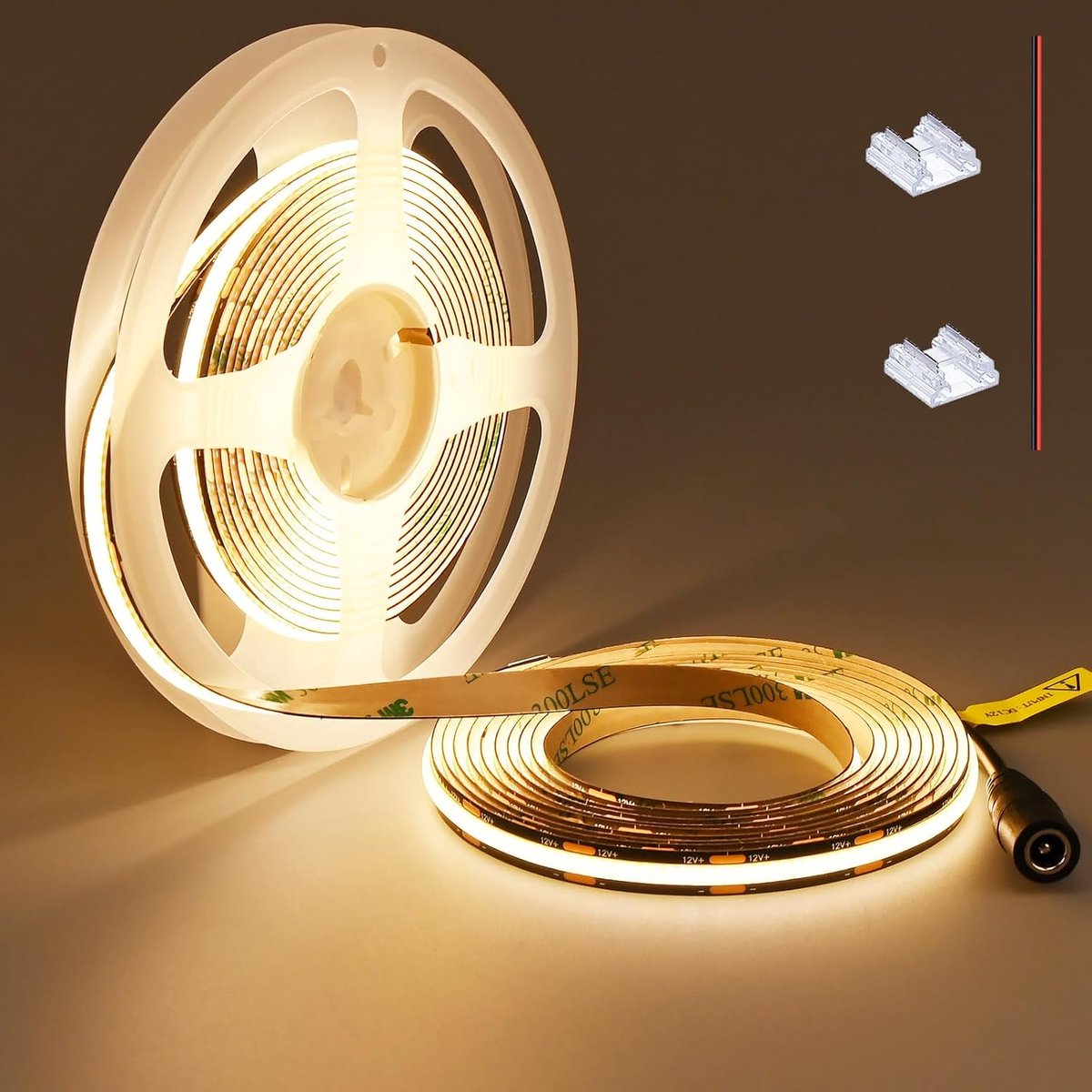 SnelShoppen - COB LED Strip 12V 5m Warm Wit 3000K Dimbaar 480 LEDs/M Zwart PCB Hoog Bright 4000LM Zelfklevend Flexibel Snijbaar Niet Waterproof Binnen
