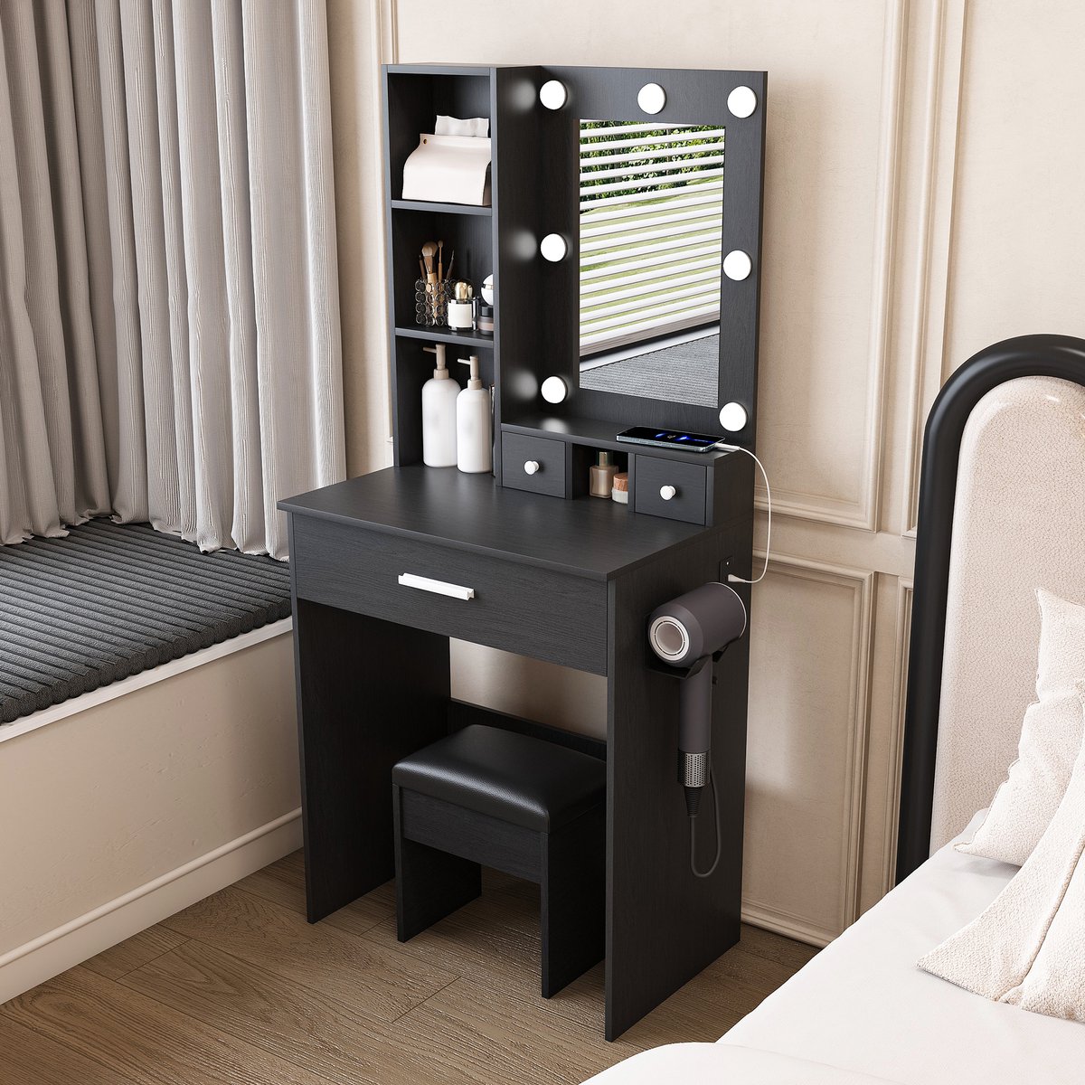 COVREO Kaptafel 60 x 38 x 131,5 cm - zwart MDF, spiegel, LED-verlichting en opbergruimte