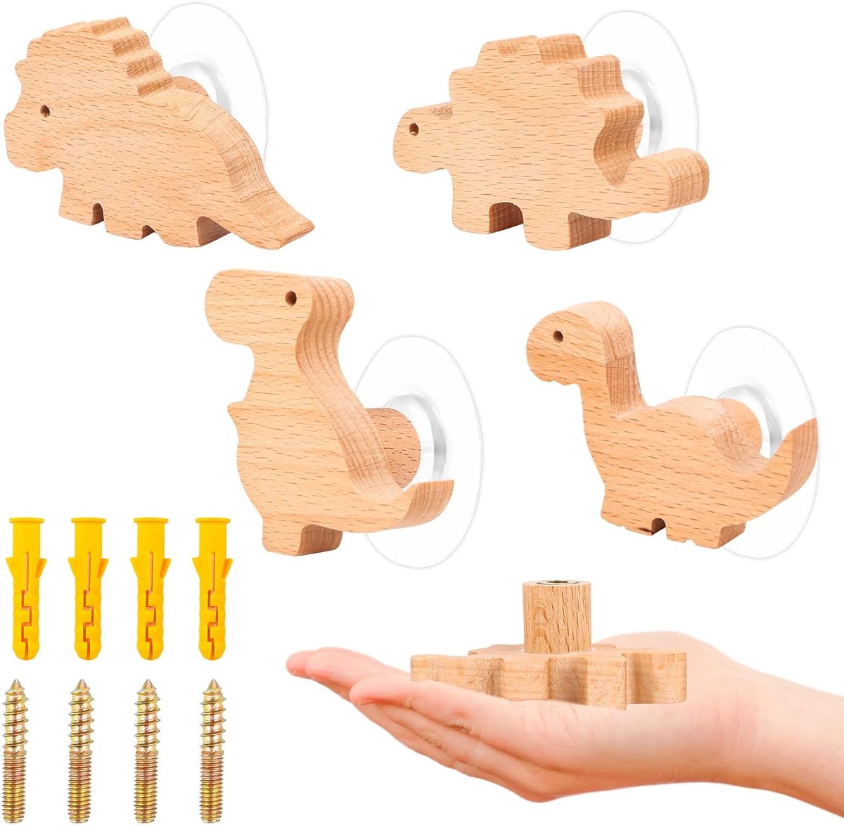 SnelShoppen - 4 Stuks Houten Dinosaurussen Wandhaken voor Kinderen - Zelfklevende Haakjes zonder Boren - Suction Cup Haken voor Kleding, Jassen en Hoe
