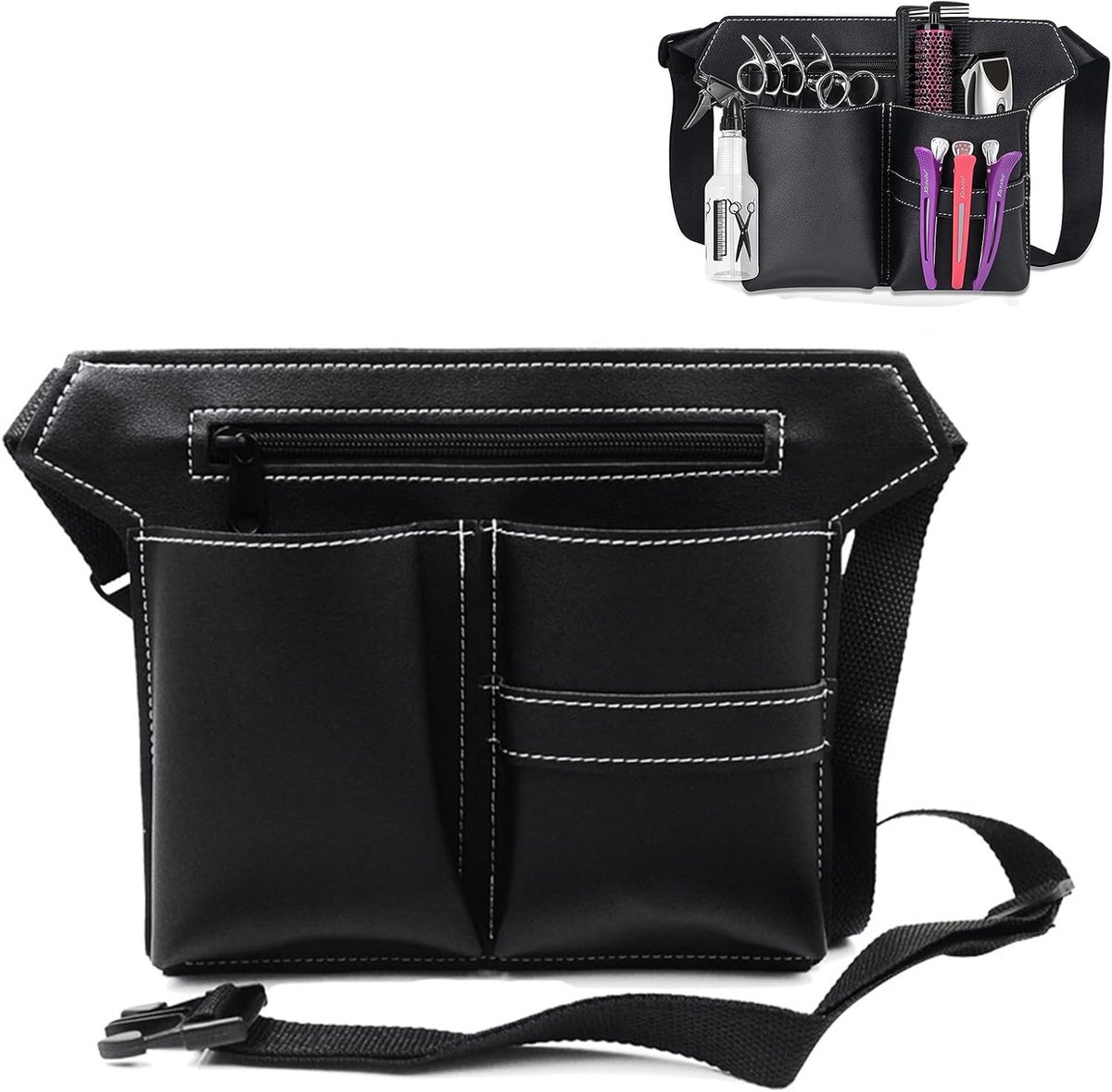 SnelShoppen - Professionele Friseur Tool Bag PU Leer, Verstelbare Belt Bag voor Kappers met Diverse Opbergvakken voor Kammen, Clips en Scheermesjes
