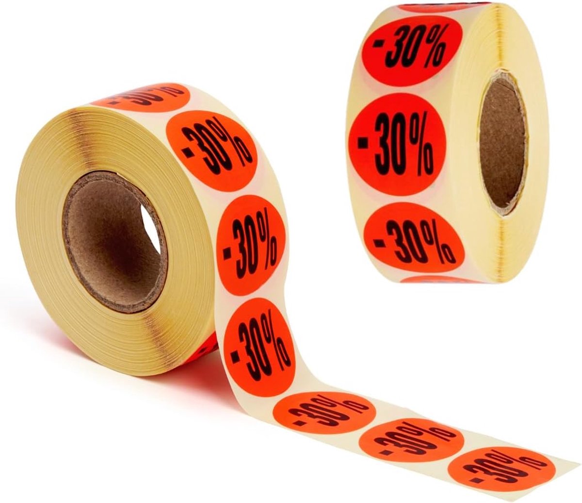 SnelShoppen - Promo labels korting -30% | Zelfklevende stickers voor aanbiedingen | 2000 ronde stickers 32 mm in felrood voor winkels en evenementen