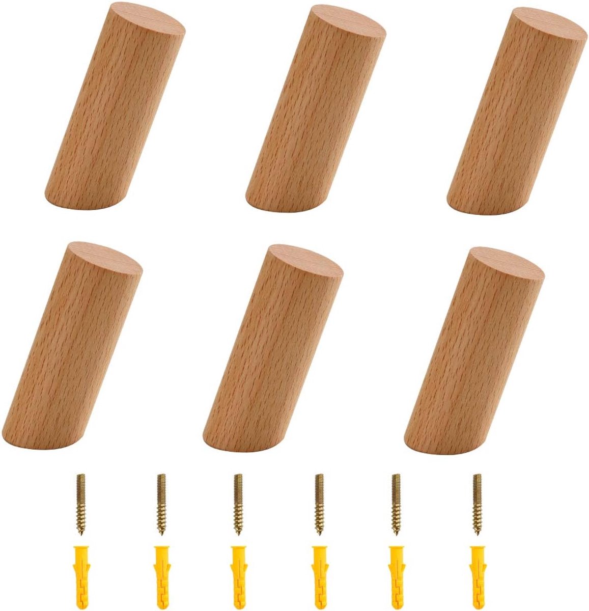 SnelShoppen - 6 Stuks Houten Wandhaken - Natuurlijke Kleiderhaken voor Kleding, Hoeden, Sjaals - Massief Hout, Duurzaam en Milieuvriendelijk - Decorat