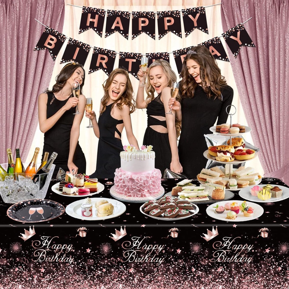 SnelShoppen - 4 Pack Rose Gold Zwarte Tafelkleed voor Verjaardagsfeesten, Rectangle Tafelkleed 130x220cm, Verjaardagsfeest Accessoires, Feestdecoratie
