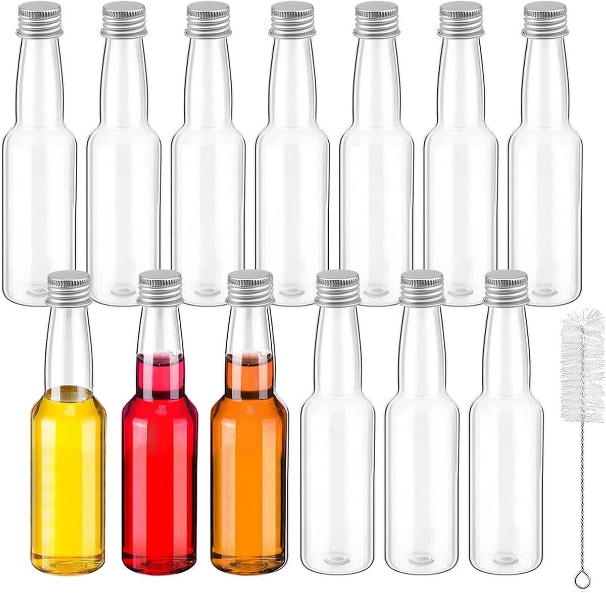 SnelShoppen - Miniature Bottles 100 ml - Set van 12 Herbruikbare Plastic Flessen met Clasp en Borstel - Ideaal voor Camping, Reizen en Feesten