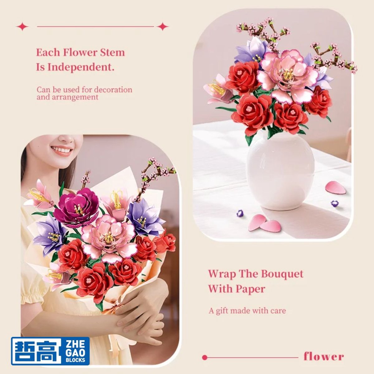 Zhe Gao 11309 Pioenrozen kunst bloemen bouwset | Botanical Flowers Collection modelbouw | Classic Creator STEM speelgoed bouwpakket voor volwassenen en kinderen | Educatief decoratie Kunstbloemen niet geschikt voor Lego | bouwdoos met 769 bouwstenen — afbeelding 3