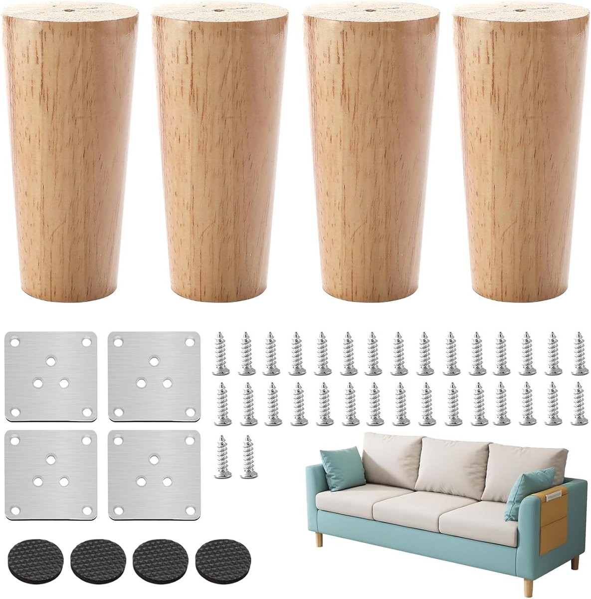 SnelShoppen - 4 Stuks Houten Meubelpoten 10 cm - Eiken Houten Tafelpoten met Montageplaten en Schroeven - Vervangingspoten voor Sofa, Bed, Kast, Stoel
